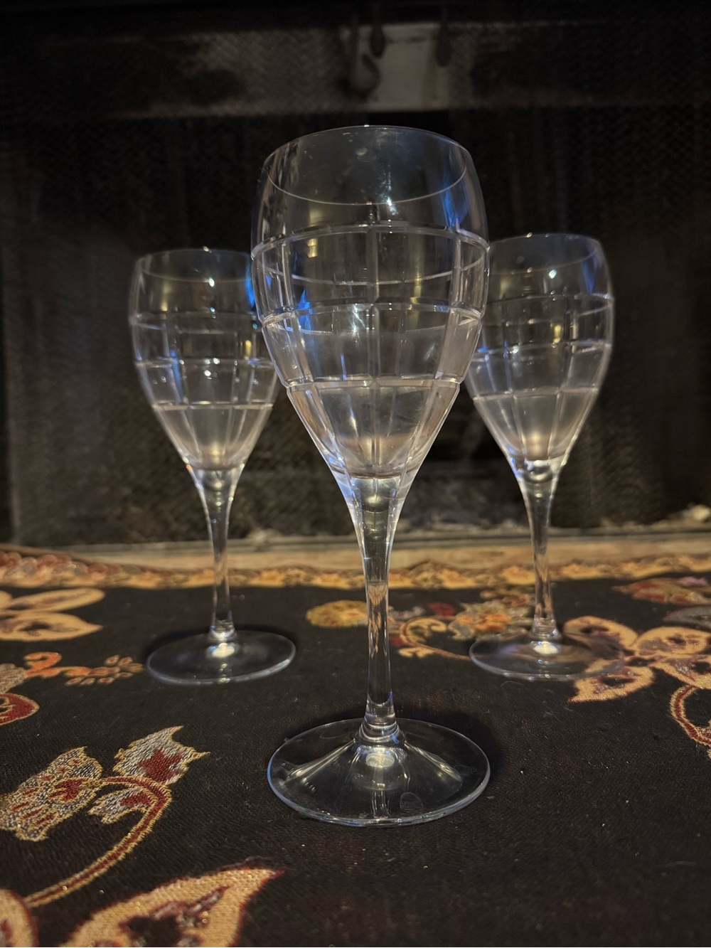 Set of 3 Clear Etched Stem Wine Glasses